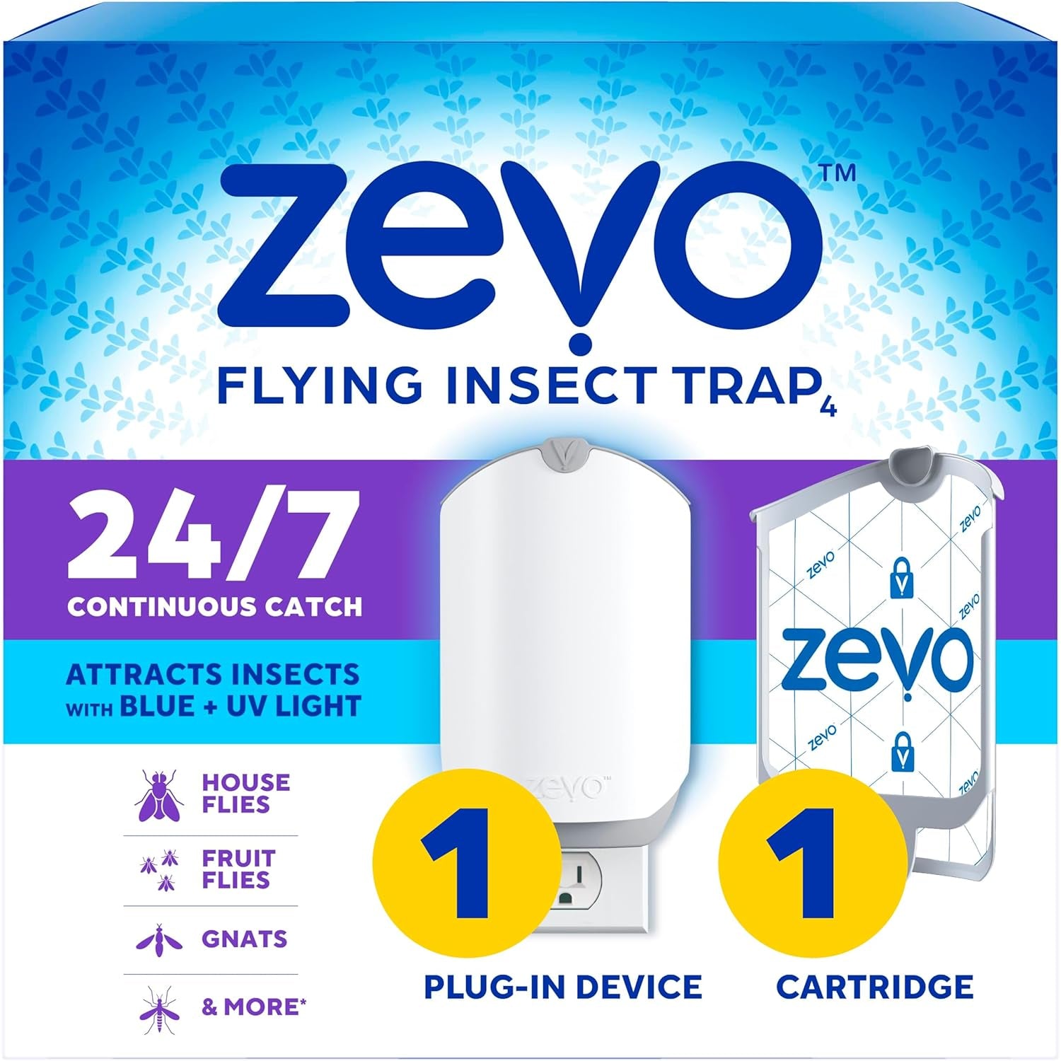 Flying Insect Trap & Cartridge - Plug in Fly Trap & Indoor Bug Catcher for Gnats, House & Fruit Flies - Mess-Free - Use in Any Room - Uses Blue & UV Light (1 Plug in Device & 1 Cartridge)