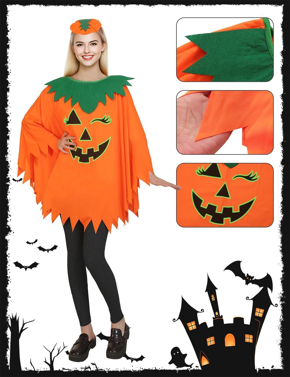 Halloween Pumpkin Costume for Women Kids,Glow in the Dark Adult Halloween Costume with Poncho,Headband & Bag