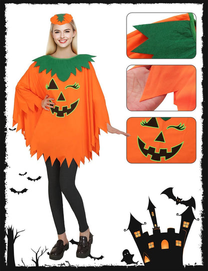Halloween Pumpkin Costume for Women Kids,Glow in the Dark Adult Halloween Costume with Poncho,Headband & Bag