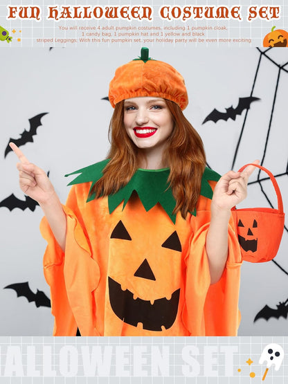 4 Pcs Halloween Adult Pumpkin Costume Set Pumpkin Cloak Poncho with Candy Bag Funny Hat Striped Tights for Women Party Cosplay Clothes Multicolor