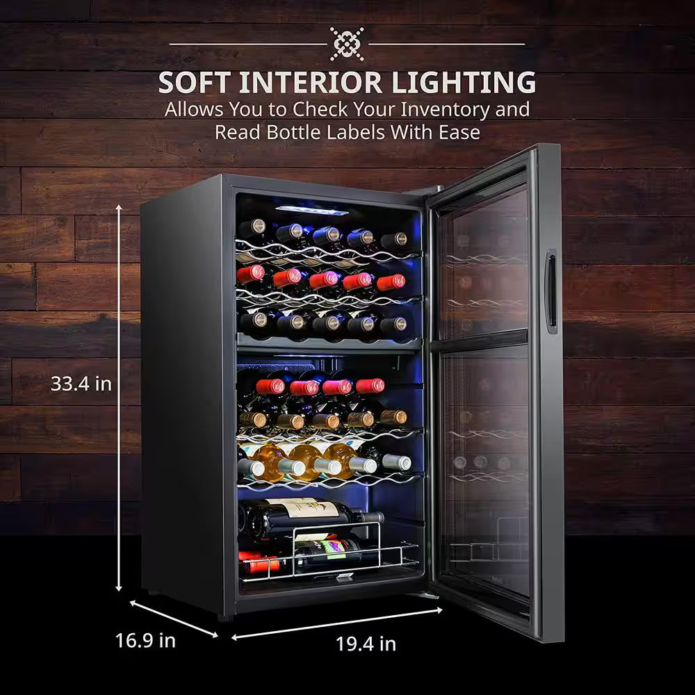 Dual Zone 33-Bottle Freestanding Wine Cooler Refrigerator with Lock in Black