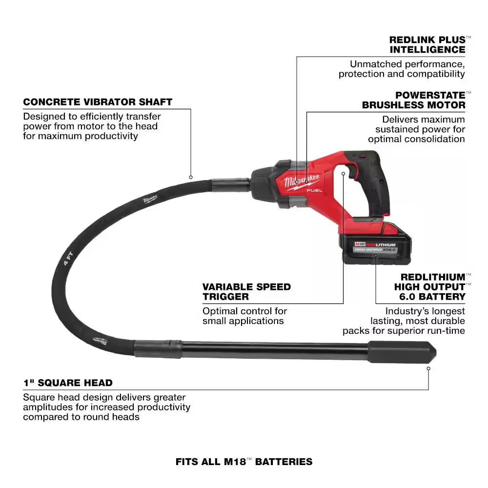 M18 FUEL 18V Lithium-Ion Brushless Cordless 4 Ft. Concrete Pencil Vibrator Kit with 6.0 Ah Battery