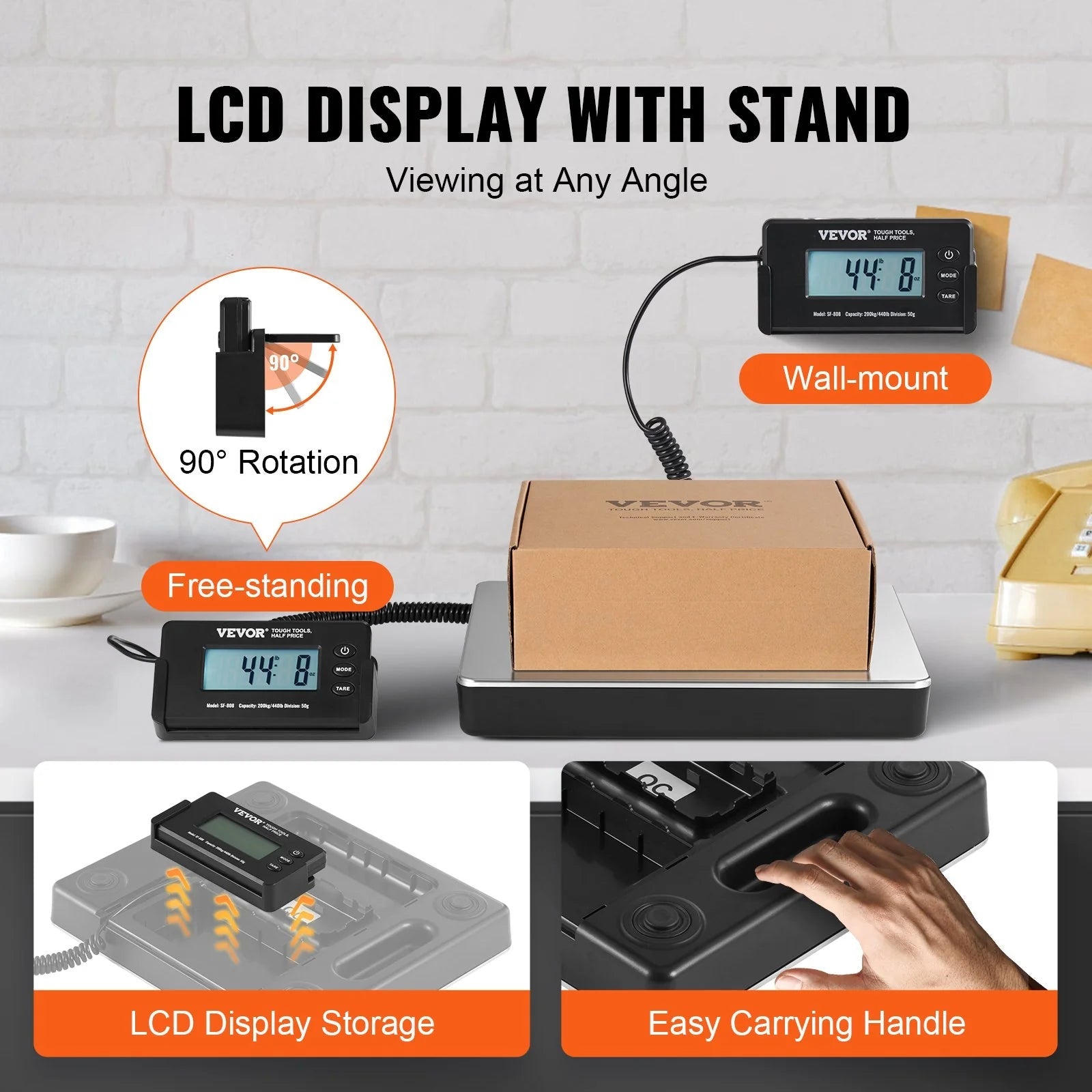 VEVOR Digital Shipping Scale, 440 Lbs X 1.7 Oz. Heavy Duty Postal Scale with Timer, Tare Function, HD LCD Screen Portable Package Scale for Luggage, Home, Post Office, AC/DC Powered, FCC Listed