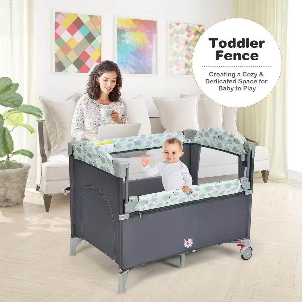 5-In-1 Gray Portable Baby beside Sleeper Bassinet Crib Playard with Diaper Change