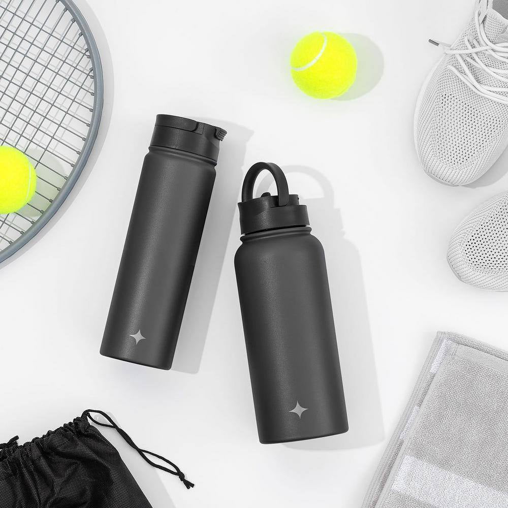 22 Oz. Black Vacuum Insulated Stainless Steel Water Bottle with Flip Lid and Sport Straw Lid