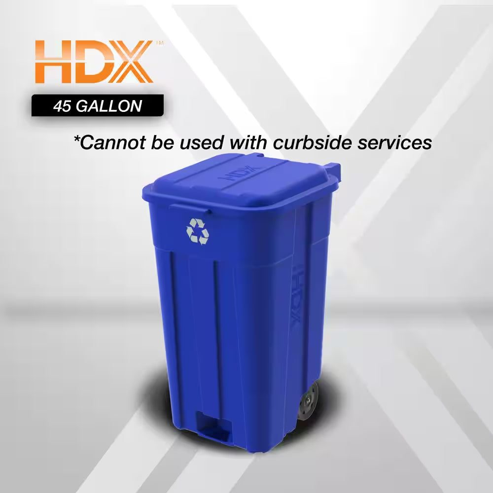 45 Gal. Blue Outdoor Vented Recycling Trash Can with Wheels, Attached Lid, Rounded Handles, and Reinforced Foothold
