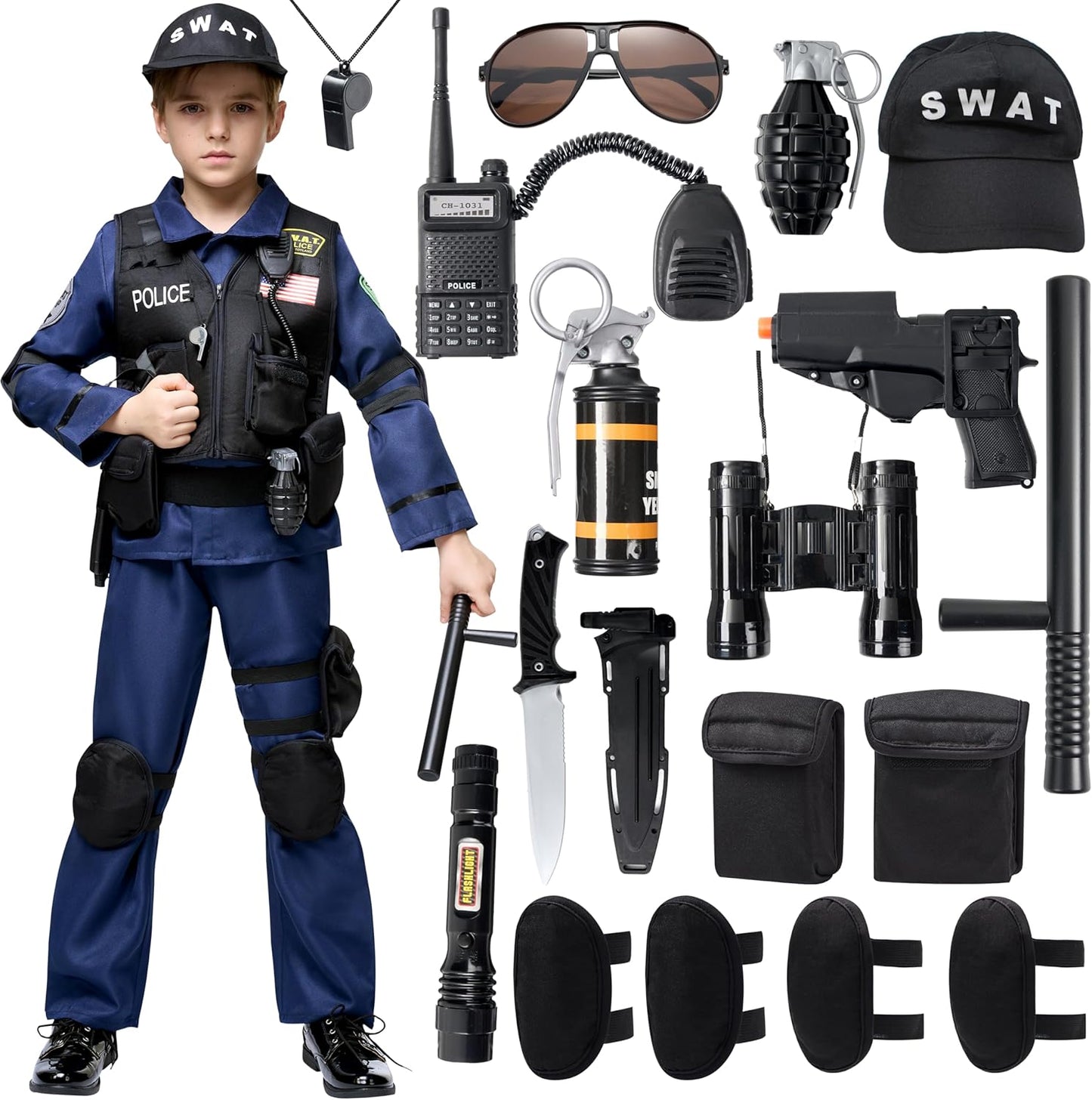 20PCS Police SWAT Costume for Kids, S.W.A.T. Police Officer Costume for Boys Halloween Cosplay Party