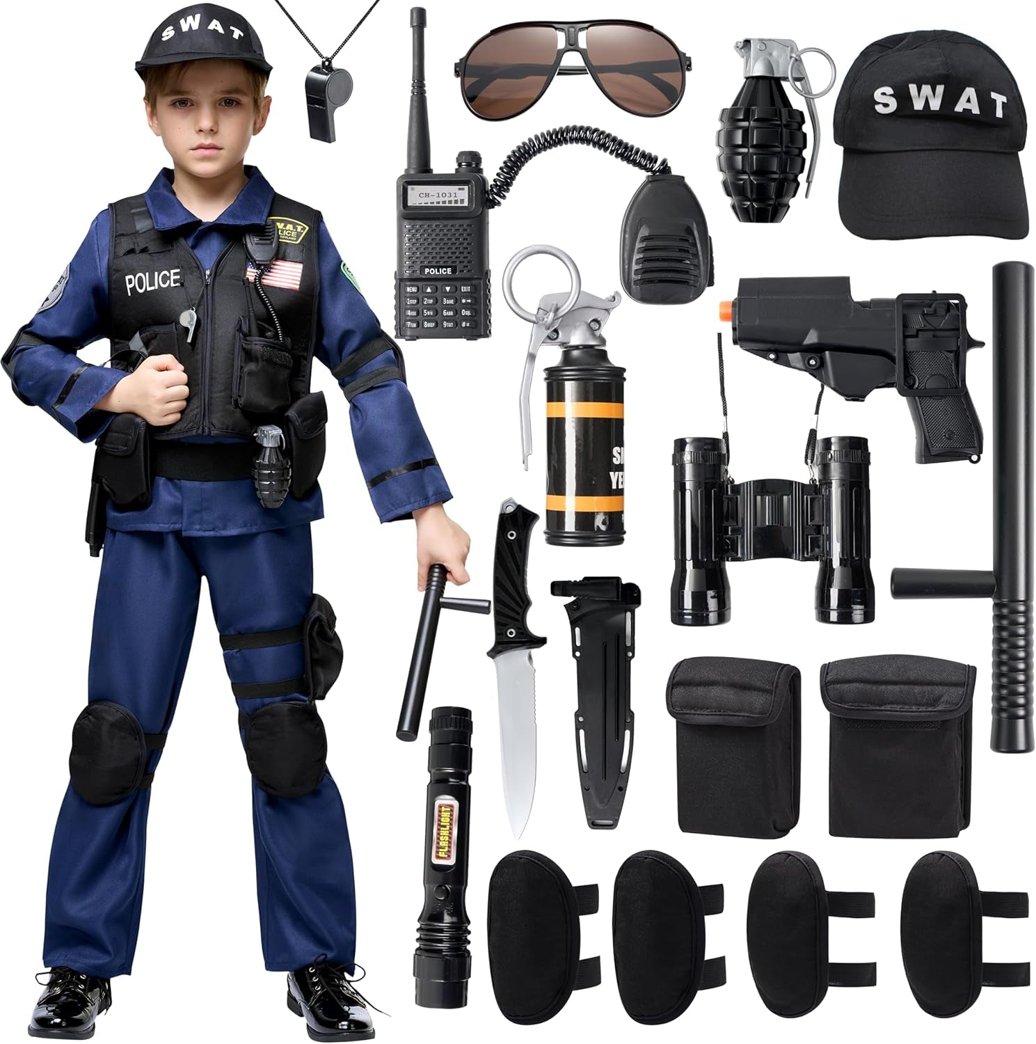 20PCS Police SWAT Costume for Kids, S.W.A.T. Police Officer Costume for Boys Halloween Cosplay Party