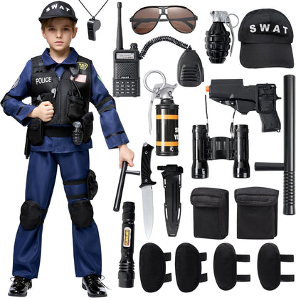 20PCS Police SWAT Costume for Kids, S.W.A.T. Police Officer Costume for Boys Halloween Cosplay Party