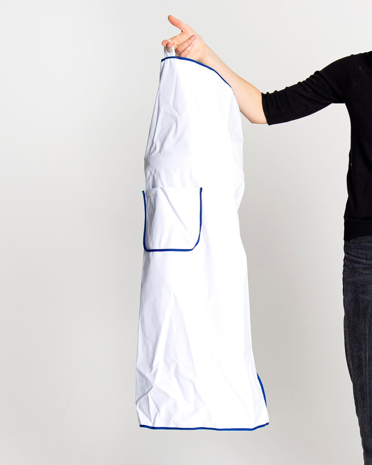 ONE TOUCH APRON PRO with POCKET - Strapless Apron – No Shoulder Strain, White and Blue Kitchen Apron without Ties - Waterproof Apron - Japan Brand