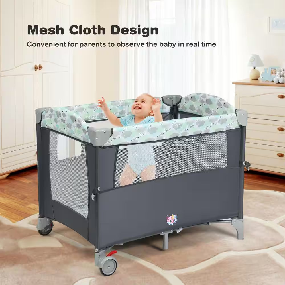 5-In-1 Gray Portable Baby beside Sleeper Bassinet Crib Playard with Diaper Change