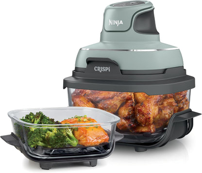 | Air Fryer | Crispi 4-In-1 Portable Cooking System | 4QT & 6 Cup Glass Containers, Crisper Plates & Storage Lids Included | Microwave, Freezer & Dishwasher Safe | Cherry Crush | FN101DR