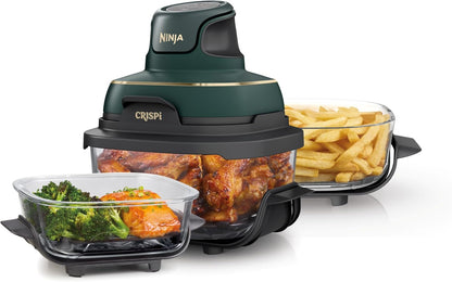| Air Fryer | Crispi 4-In-1 Portable Cooking System | 4QT & 6 Cup Glass Containers, Crisper Plates & Storage Lids Included | Microwave, Freezer & Dishwasher Safe | Cherry Crush | FN101DR