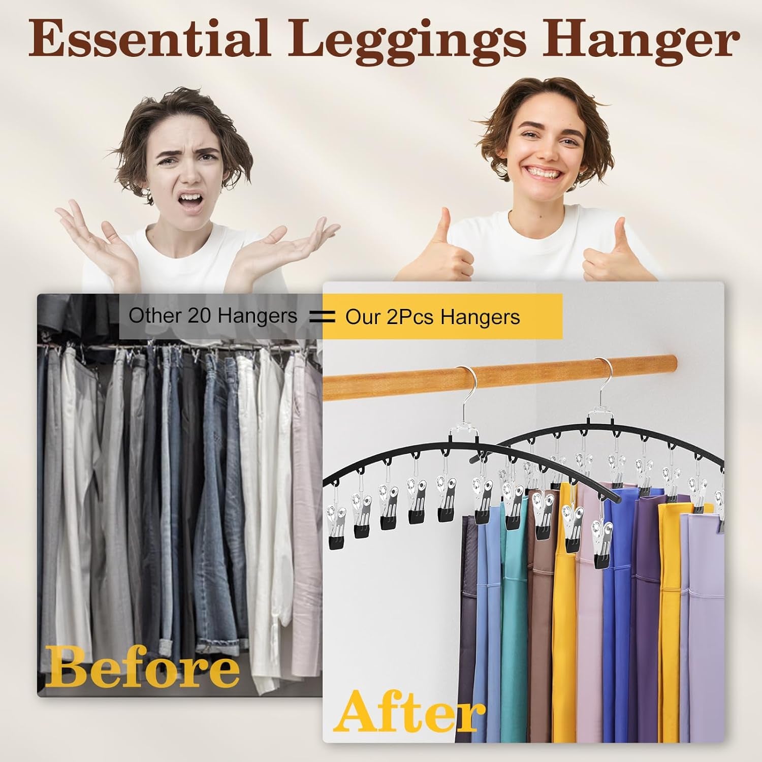 2 Pack Legging Organizer for Closet 360° Swivel, Metal Gym Clothes Organizer W/20 Clips Holds 20 Leggings, Hangers Space Saving, Closet Organizers and Storage, Room Organization Essentials, Black