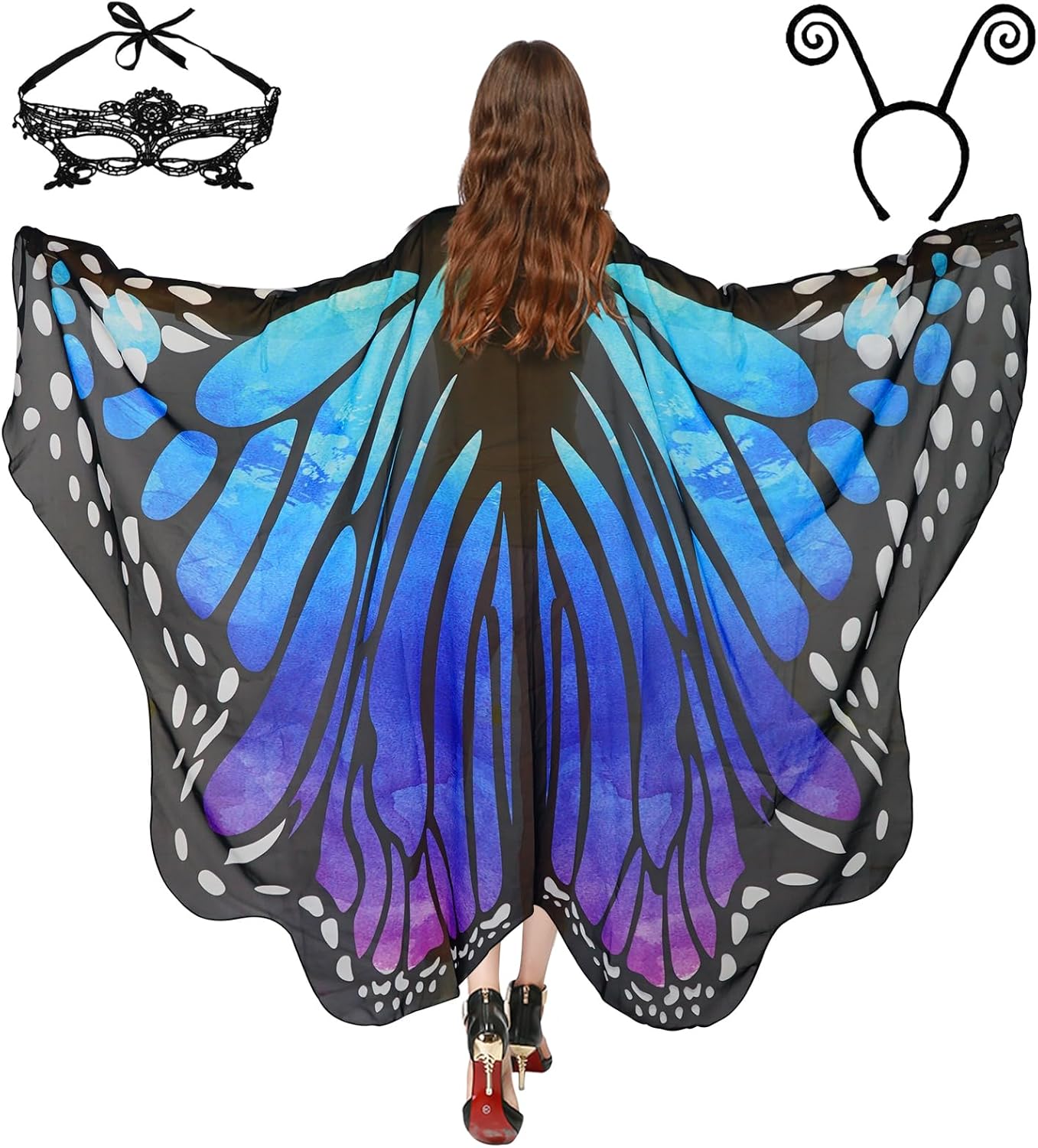 Adult Butterfly Costume Women Monarch Butterfly Wings Cape Shawl Halloween 3Pcs Mask Hairband