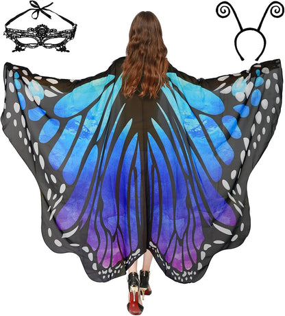 Adult Butterfly Costume Women Monarch Butterfly Wings Cape Shawl Halloween 3Pcs Mask Hairband