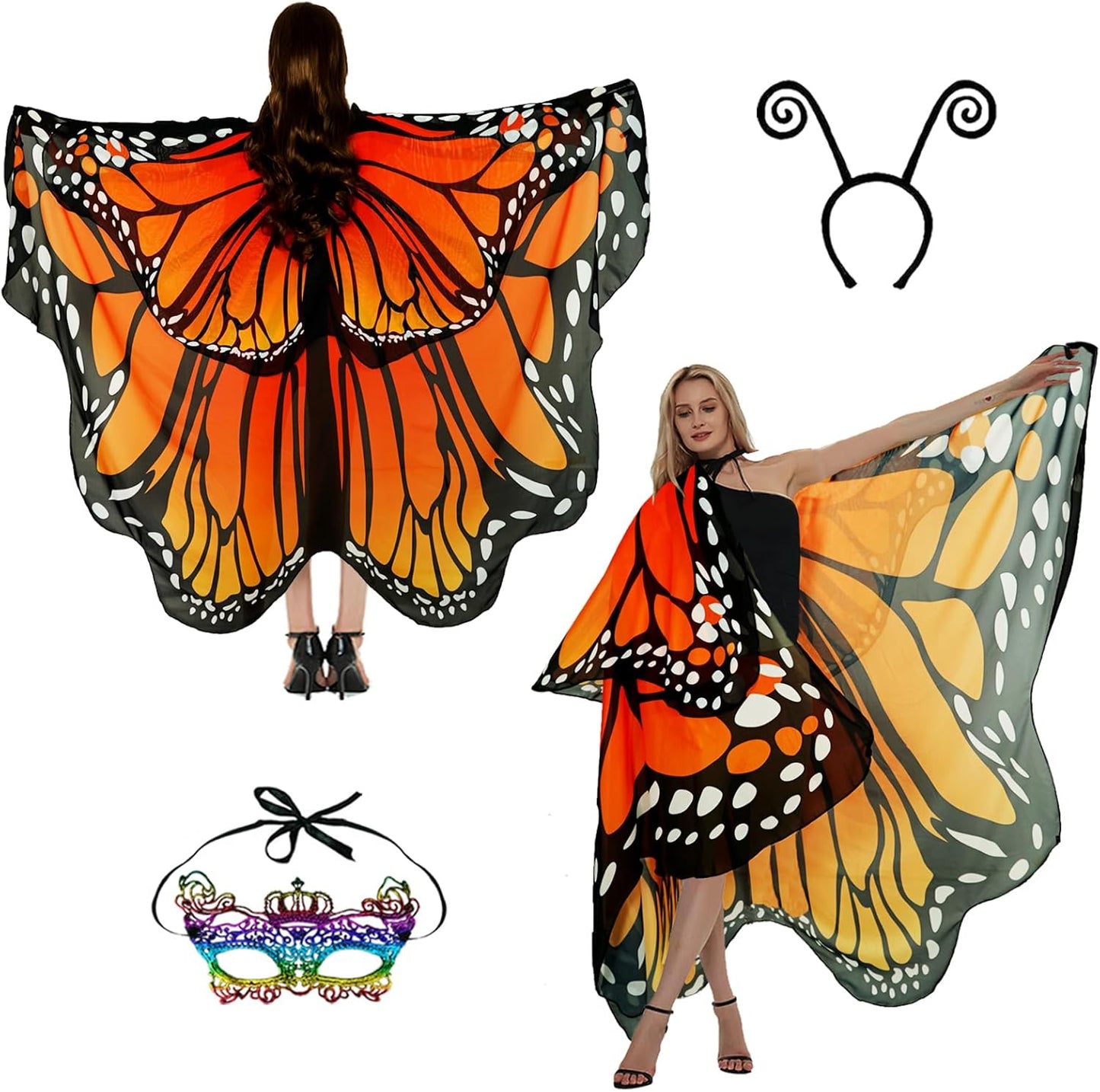 Adult Butterfly Costume Women Monarch Butterfly Wings Cape Shawl Halloween 3Pcs Mask Hairband