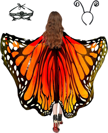 Adult Butterfly Costume Women Monarch Butterfly Wings Cape Shawl Halloween 3Pcs Mask Hairband