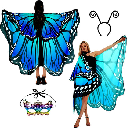 Adult Butterfly Costume Women Monarch Butterfly Wings Cape Shawl Halloween 3Pcs Mask Hairband