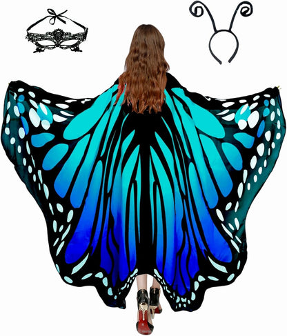 Adult Butterfly Costume Women Monarch Butterfly Wings Cape Shawl Halloween 3Pcs Mask Hairband