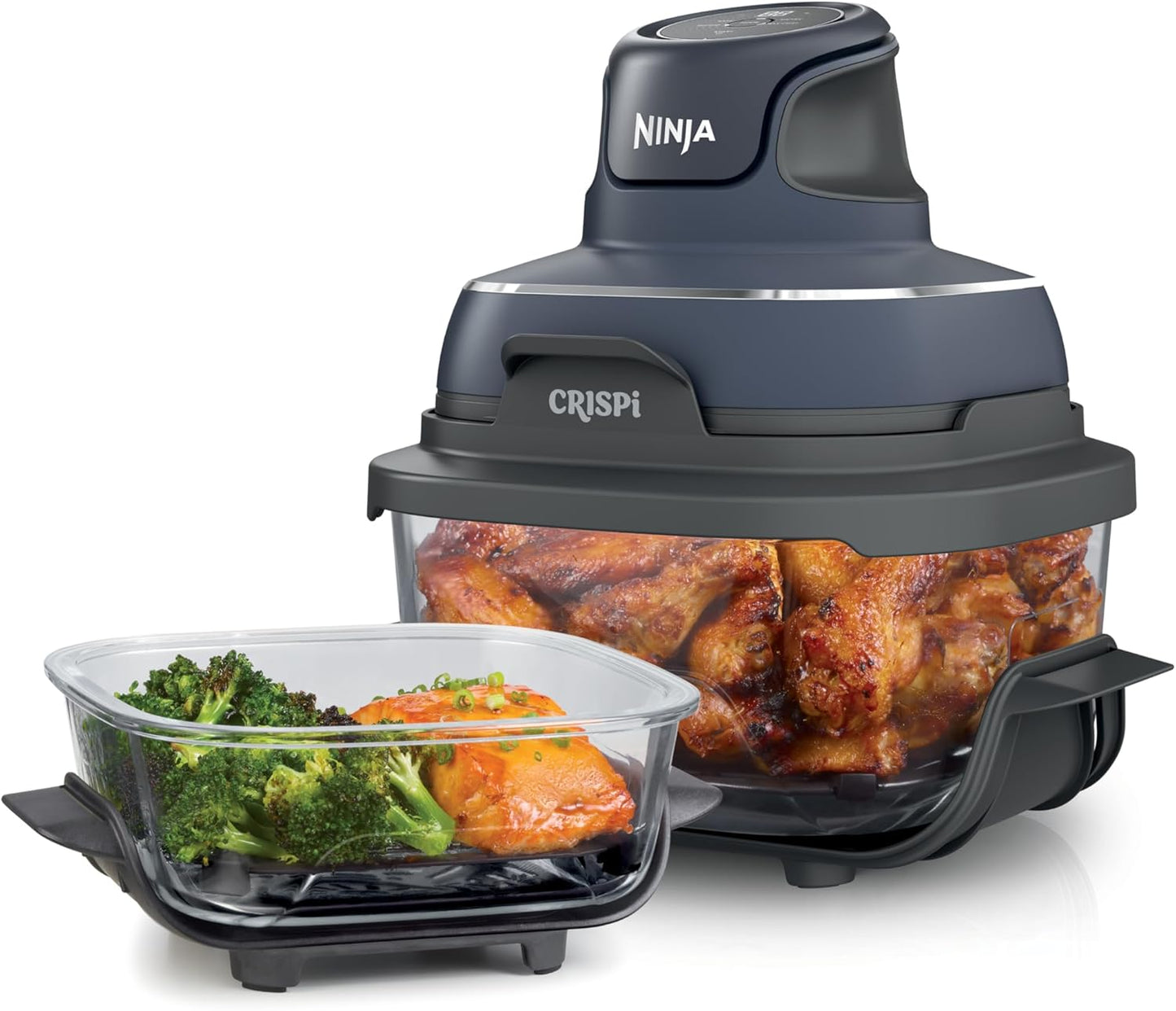 | Air Fryer | Crispi 4-In-1 Portable Cooking System | 4QT & 6 Cup Glass Containers, Crisper Plates & Storage Lids Included | Microwave, Freezer & Dishwasher Safe | Cherry Crush | FN101DR