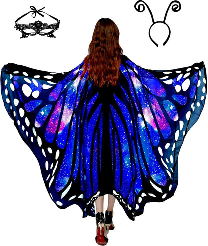 Adult Butterfly Costume Women Monarch Butterfly Wings Cape Shawl Halloween 3Pcs Mask Hairband