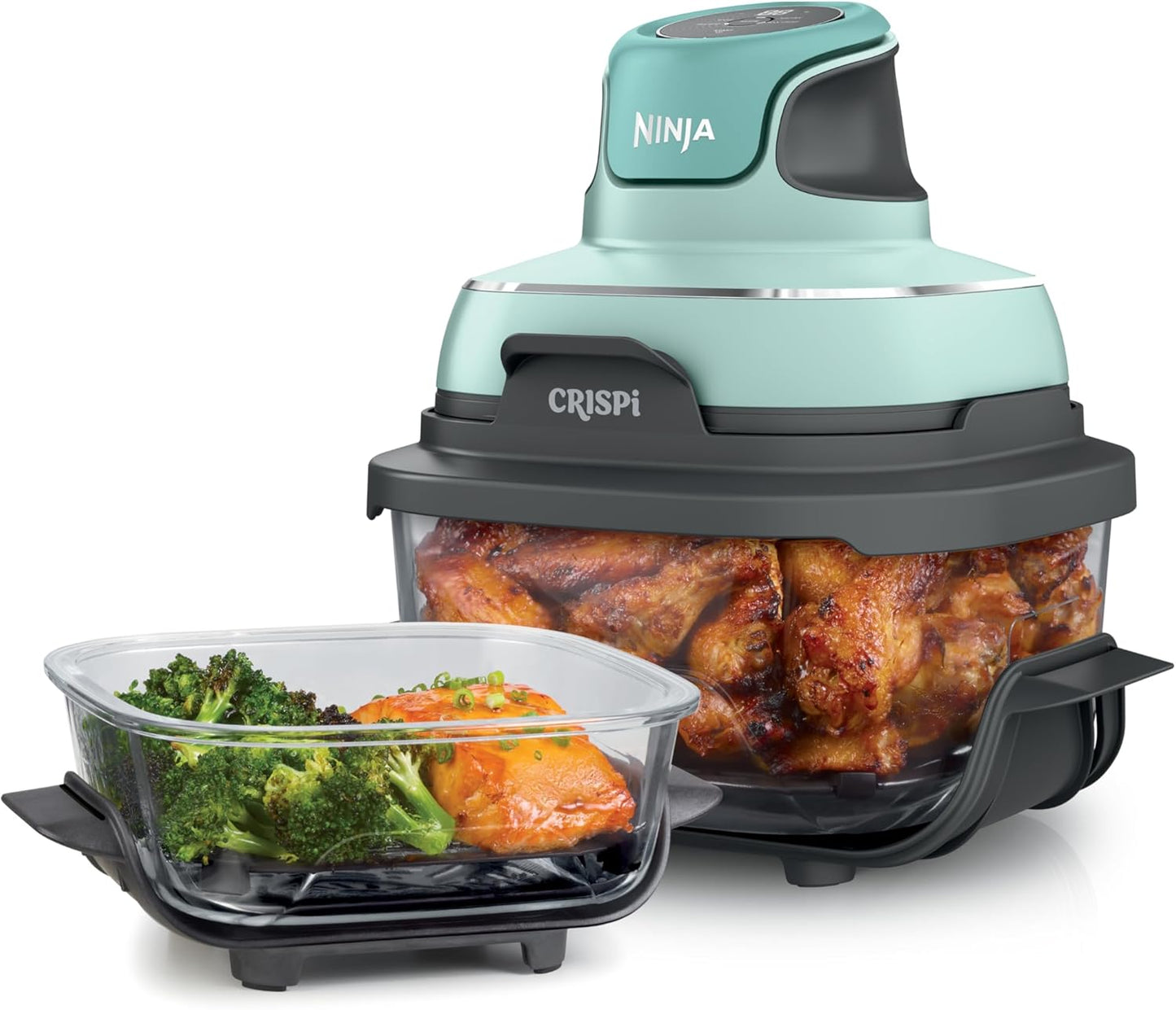 | Air Fryer | Crispi 4-In-1 Portable Cooking System | 4QT & 6 Cup Glass Containers, Crisper Plates & Storage Lids Included | Microwave, Freezer & Dishwasher Safe | Cherry Crush | FN101DR