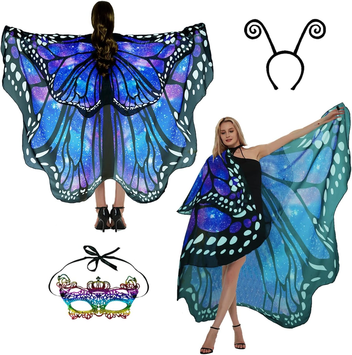 Adult Butterfly Costume Women Monarch Butterfly Wings Cape Shawl Halloween 3Pcs Mask Hairband