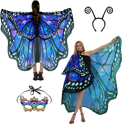 Adult Butterfly Costume Women Monarch Butterfly Wings Cape Shawl Halloween 3Pcs Mask Hairband