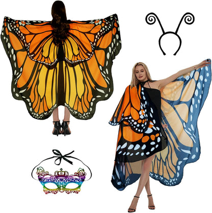 Adult Butterfly Costume Women Monarch Butterfly Wings Cape Shawl Halloween 3Pcs Mask Hairband
