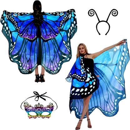 Adult Butterfly Costume Women Monarch Butterfly Wings Cape Shawl Halloween 3Pcs Mask Hairband
