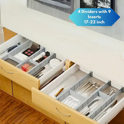 Adjustable Wooden Drawer Organizer Tray – 4 Dividers & 9 Inserts for 17–22" Drawers, Unfinished Finish with Labels – Kitchen, Office & Closet Organization