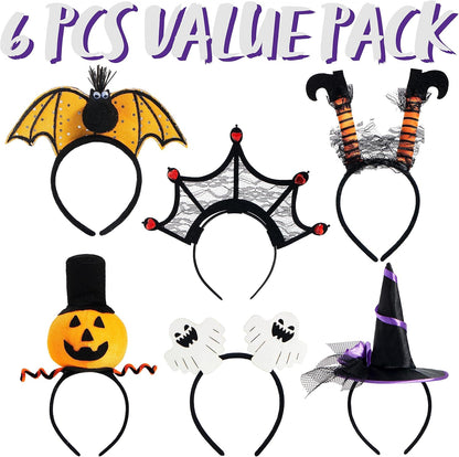 6 Pcs Halloween Headbands Pumpkin, Bat, Witch, Ghost, Witch Legs, Spider Web for Halloween Party, Costume, Trick or Treating, Cosplay Decoration (One Size Fit All)