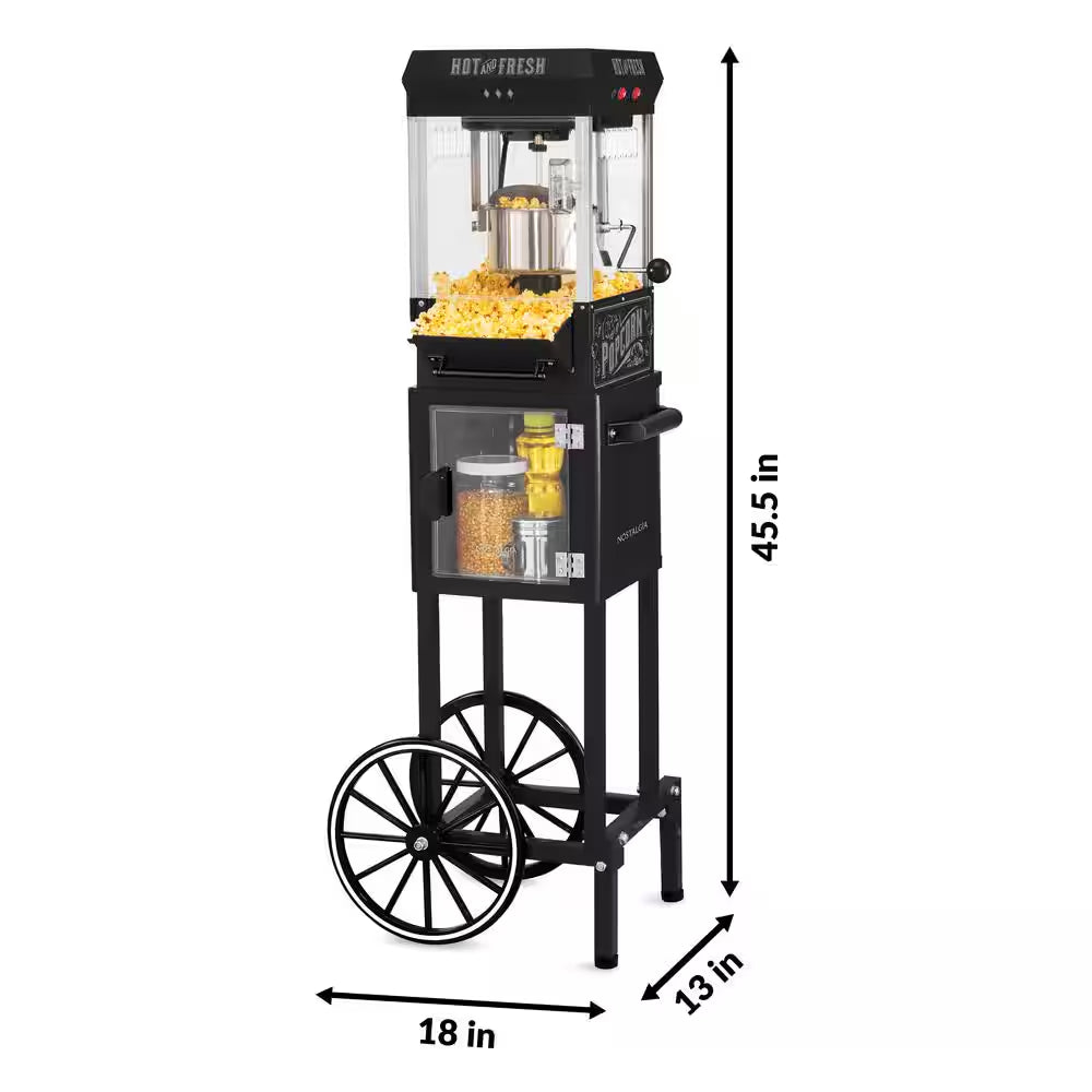 300 W 2.5 Oz. Black Popcorn Cart with 5 Qt. Popcorn Bowl