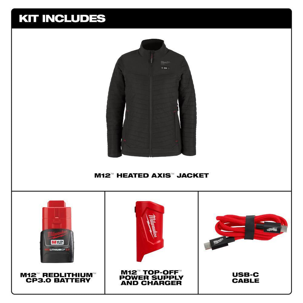 Women'S Large M12 12-Volt Lithium-Ion Cordless AXIS Black Heated Quilted Jacket Kit with (1) 3.0 Ah Battery and Charger