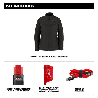 Women'S Large M12 12-Volt Lithium-Ion Cordless AXIS Black Heated Quilted Jacket Kit with (1) 3.0 Ah Battery and Charger