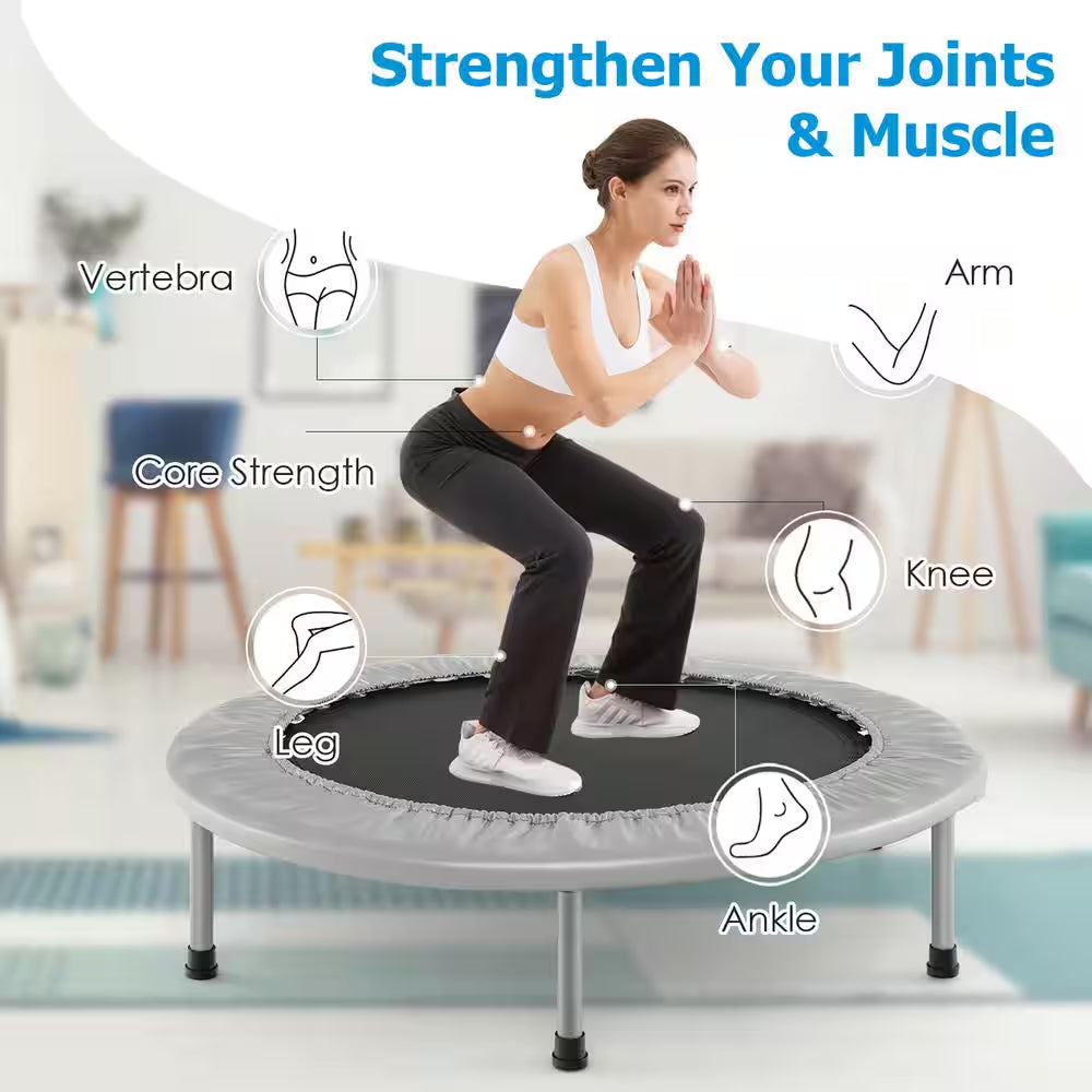 38 In. Folding Mini Trampoline Fitness Rebounder with Safety Pad Silver and Black