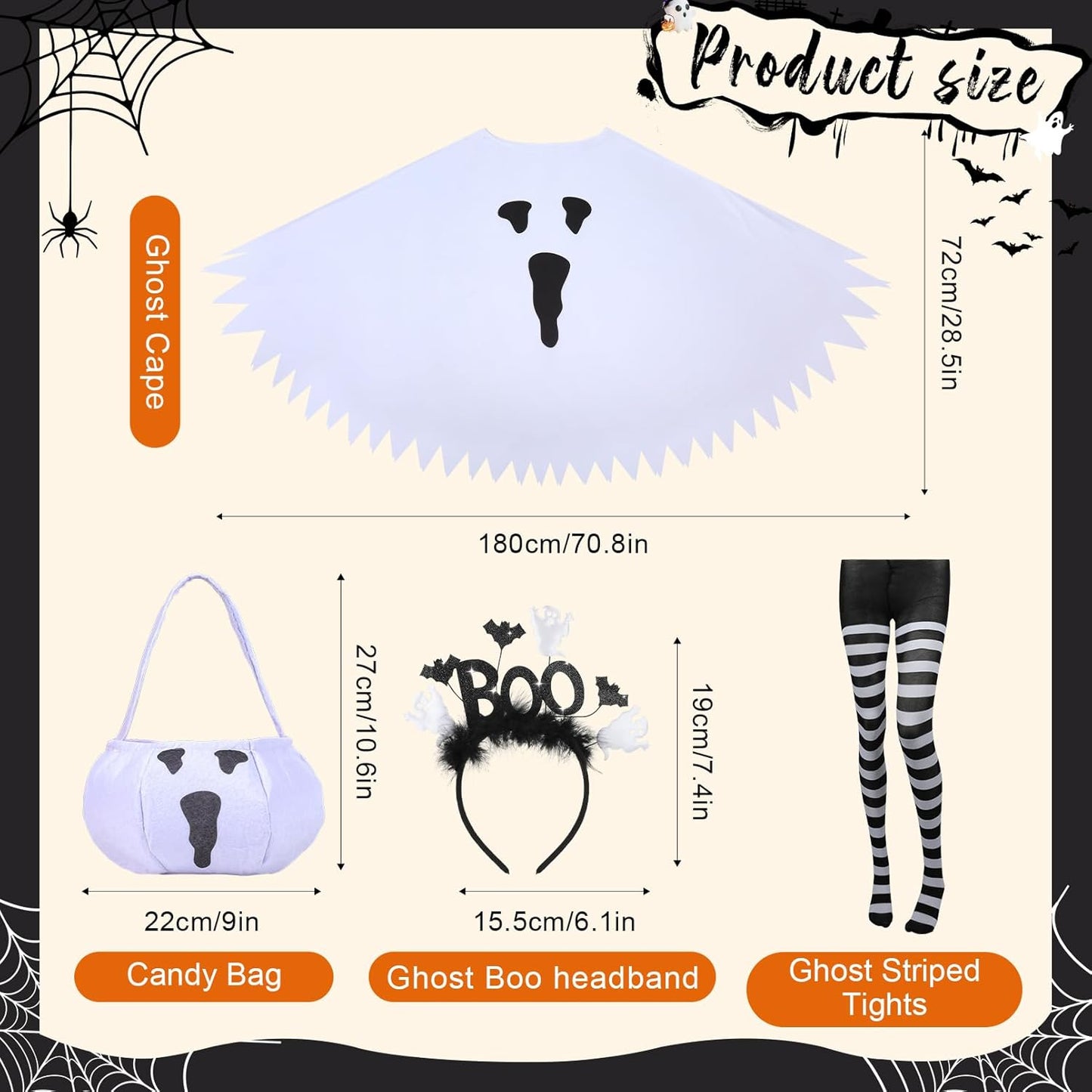 4 PCS Halloween Costume Set for Women Adult Ghost Costume, Ghost Costume Poncho, Candy Bag, Ghost Headband and Nylon Striped Tights for Halloween Cosplay Party