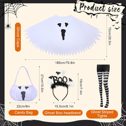 4 PCS Halloween Costume Set for Women Adult Ghost Costume, Ghost Costume Poncho, Candy Bag, Ghost Headband and Nylon Striped Tights for Halloween Cosplay Party