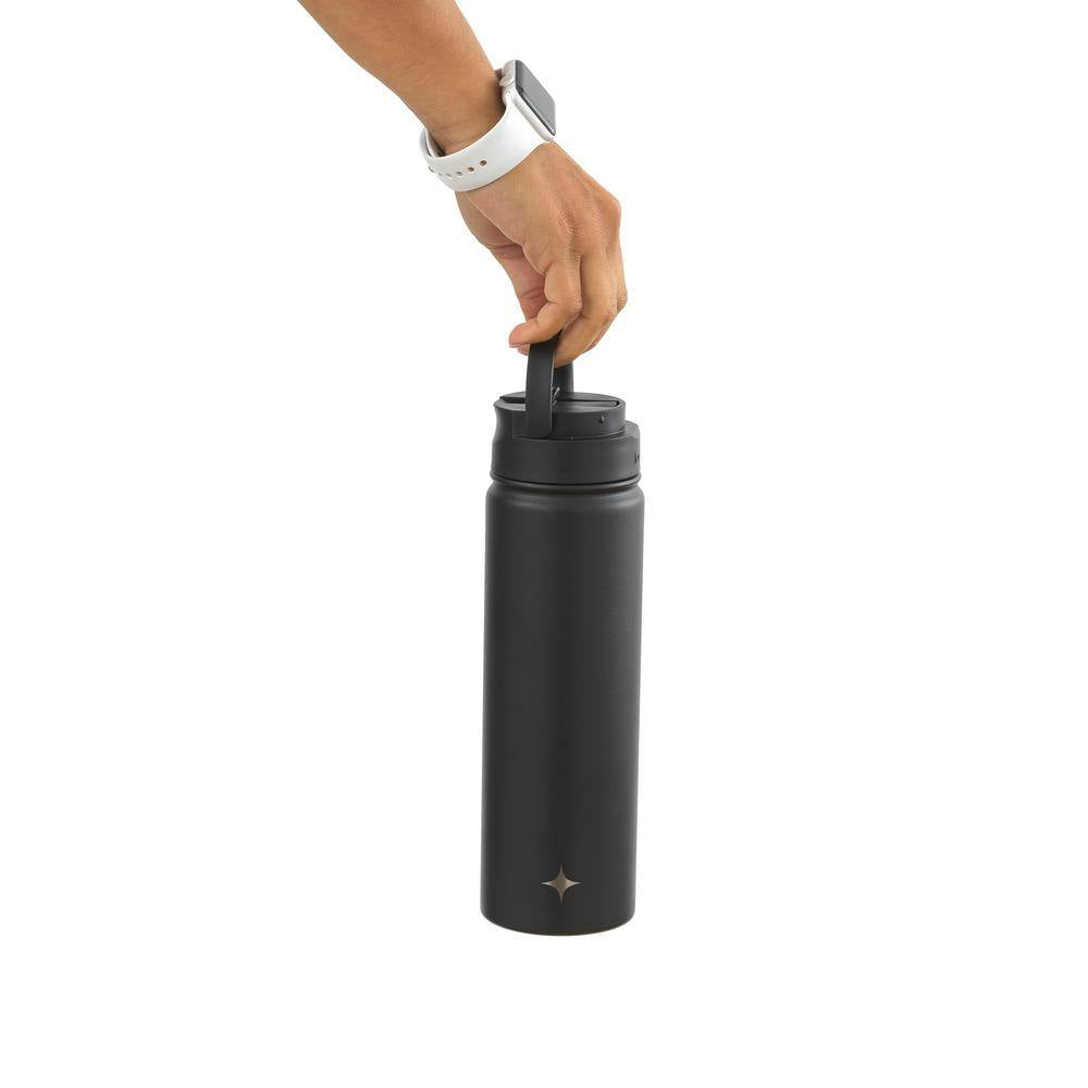 22 Oz. Black Vacuum Insulated Stainless Steel Water Bottle with Flip Lid and Sport Straw Lid
