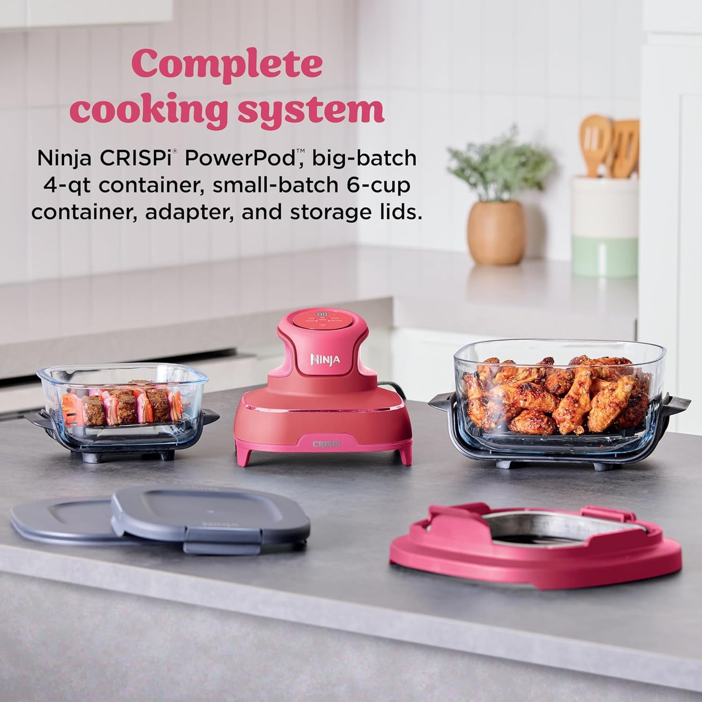 | Air Fryer | Crispi 4-In-1 Portable Cooking System | 4QT & 6 Cup Glass Containers, Crisper Plates & Storage Lids Included | Microwave, Freezer & Dishwasher Safe | Cherry Crush | FN101DR