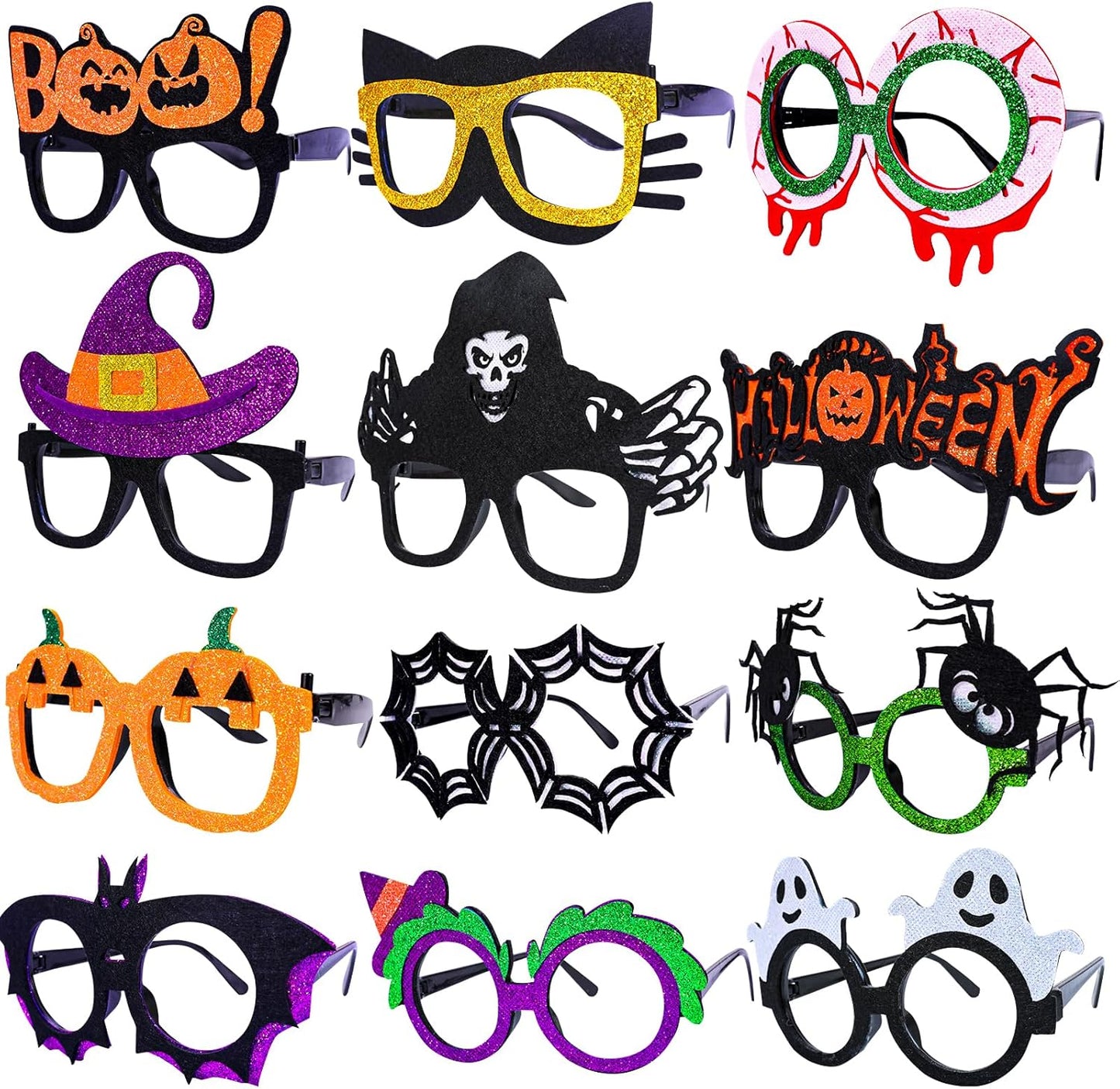 Halloween Eyeglasses 12 Pcs Novelty Toy Glasses Cosplay Halloween Party Favor Funny Glitter Funny Party Decorations for Kids and Adults Glasses Pumpkin Spider Web Ghost Bat Hat Skull Eyeball Eyewear