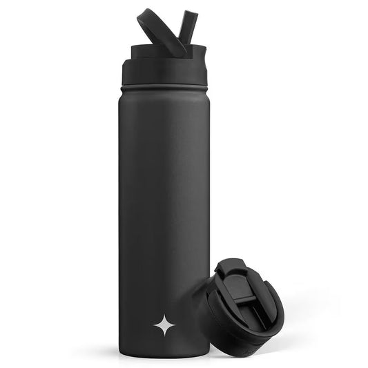 22 Oz. Black Vacuum Insulated Stainless Steel Water Bottle with Flip Lid and Sport Straw Lid