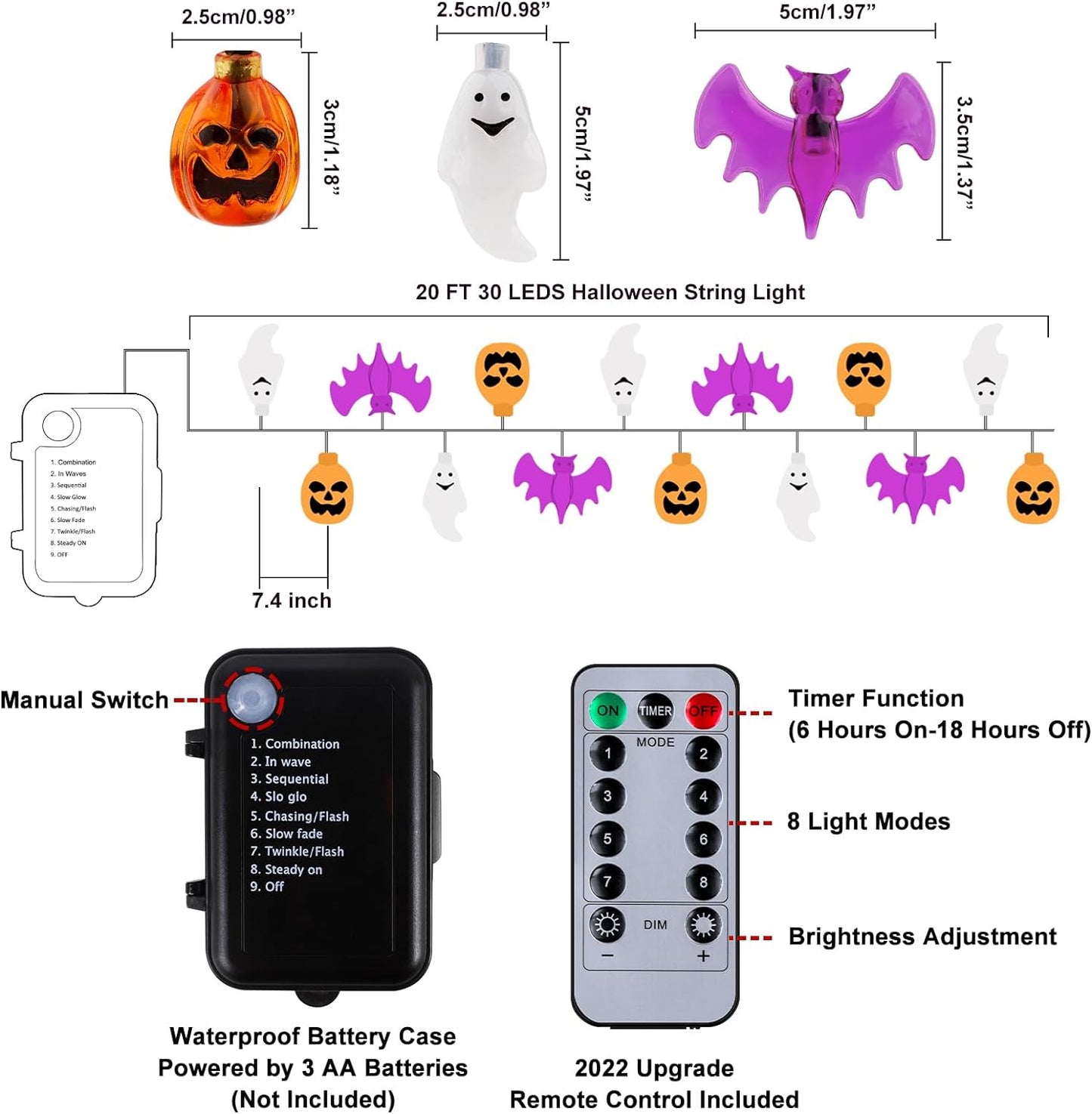 Halloween Lights, 20Ft 30 LED Pumpkin Ghost Bat String Lights Battery Operated with Timer, 8 Light Modes Halloween Fairy Lights for Indoor Outdoor Party Home Yard Window Decor