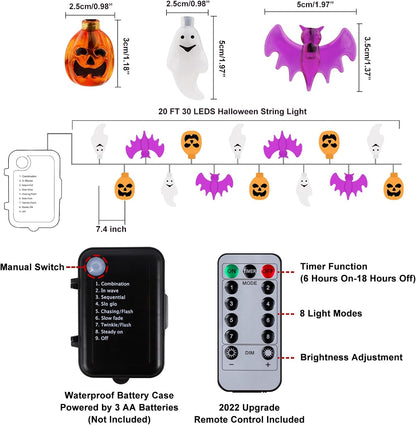 Halloween Lights, 20Ft 30 LED Pumpkin Ghost Bat String Lights Battery Operated with Timer, 8 Light Modes Halloween Fairy Lights for Indoor Outdoor Party Home Yard Window Decor
