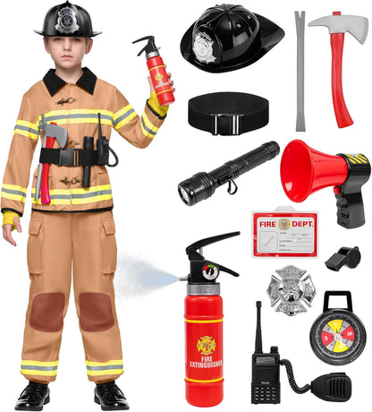 Halloween 14PCS Firefighter Costume for Kids, Boys Fireman Costume with Toys Set for Toddler Roleplay