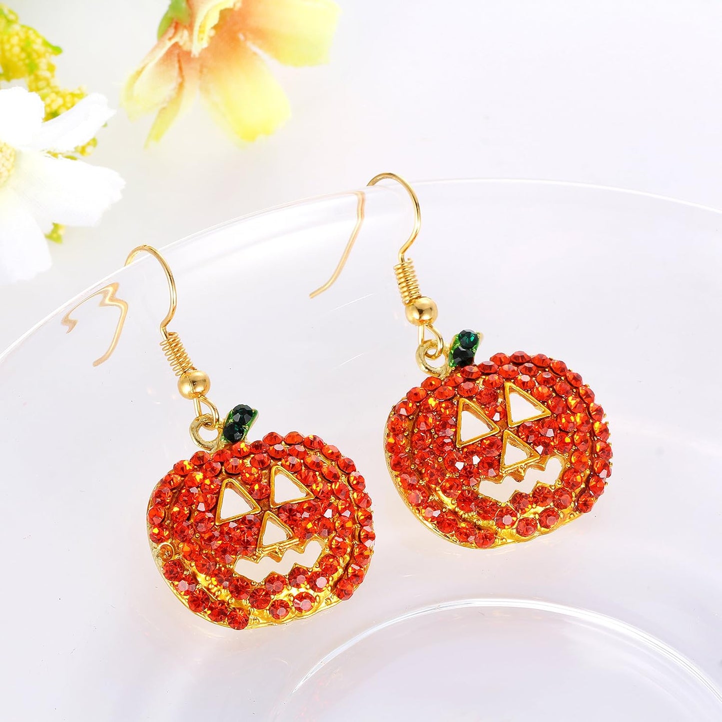 Halloween Pumpkin Earrings Red - Hypoallergenic Crystal Dangle Earring for Women Holiday Night Costume Jewelry Smiling Face Pumpkin Drop Earrings, Fun and Festive