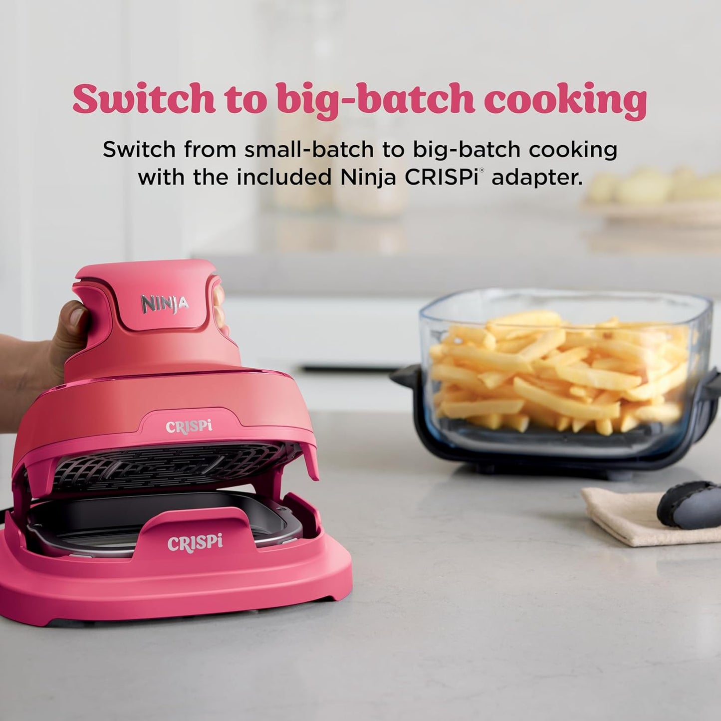 | Air Fryer | Crispi 4-In-1 Portable Cooking System | 4QT & 6 Cup Glass Containers, Crisper Plates & Storage Lids Included | Microwave, Freezer & Dishwasher Safe | Cherry Crush | FN101DR