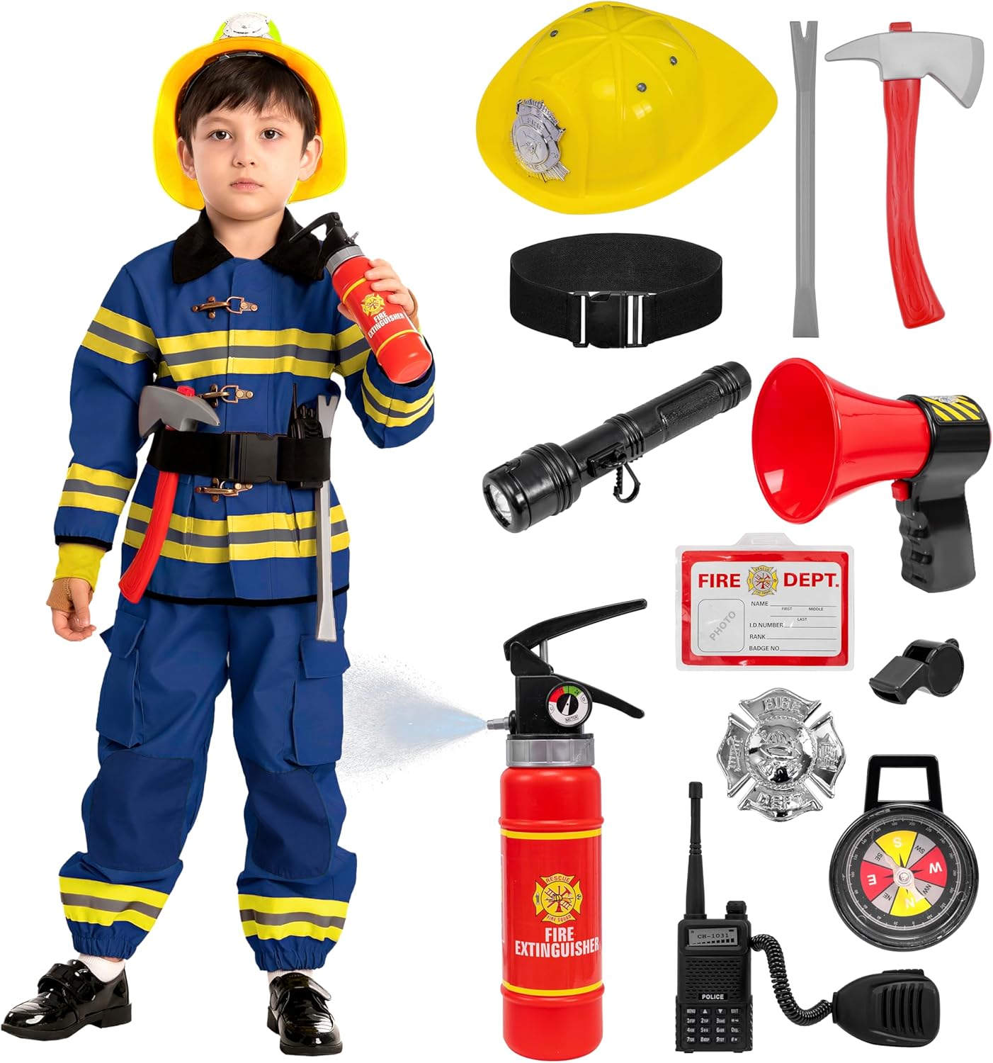 Halloween 14PCS Firefighter Costume for Kids, Boys Fireman Costume with Toys Set for Toddler Roleplay