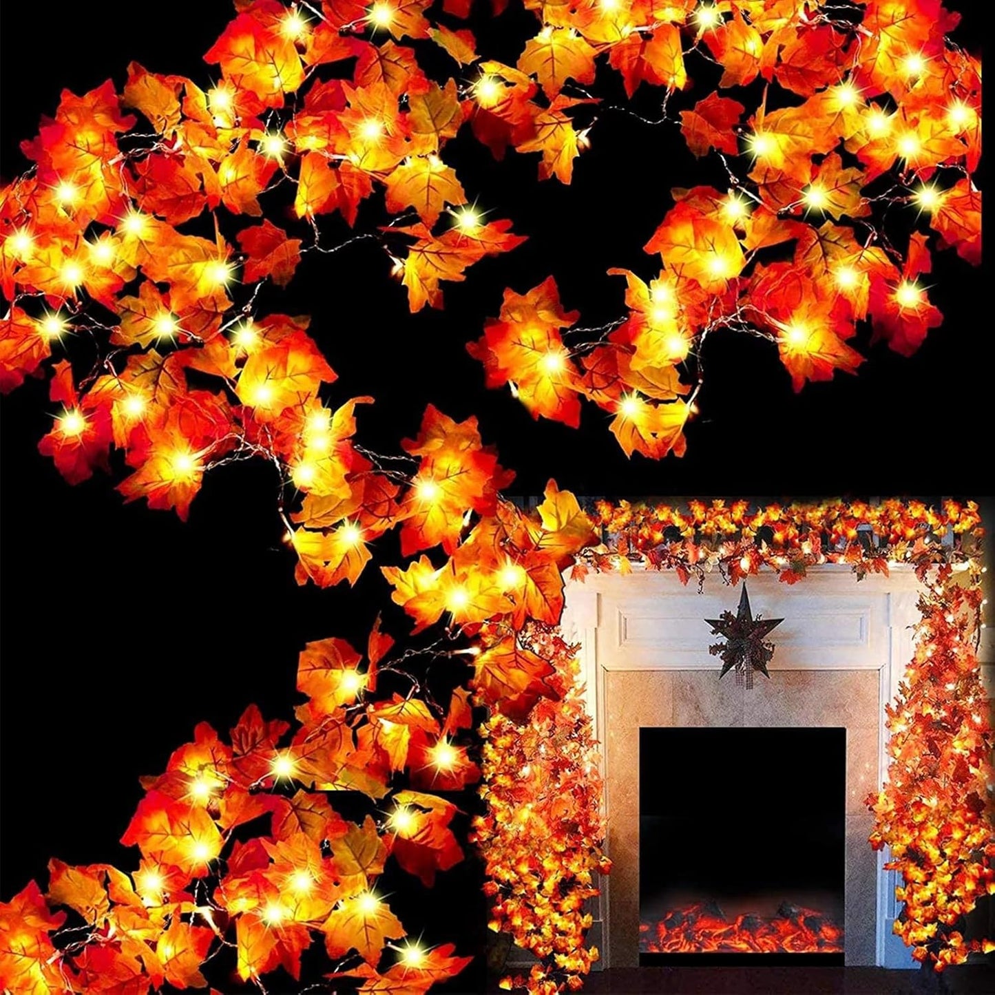 2 Pack Fall Decor Enlarged Maples Leafed Lights Total 20Ft 40LED Thanksgiving Halloween Fall Decorations for Home,Battery Operated Autumn Garland Waterproof Indoor Outdoor Holiday Christmas